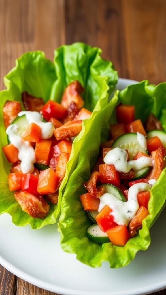 Bacon Lettuce Wraps Recipe Bacon lettuce wraps filled with crispy bacon, tomatoes, and cucumber on a wooden table.